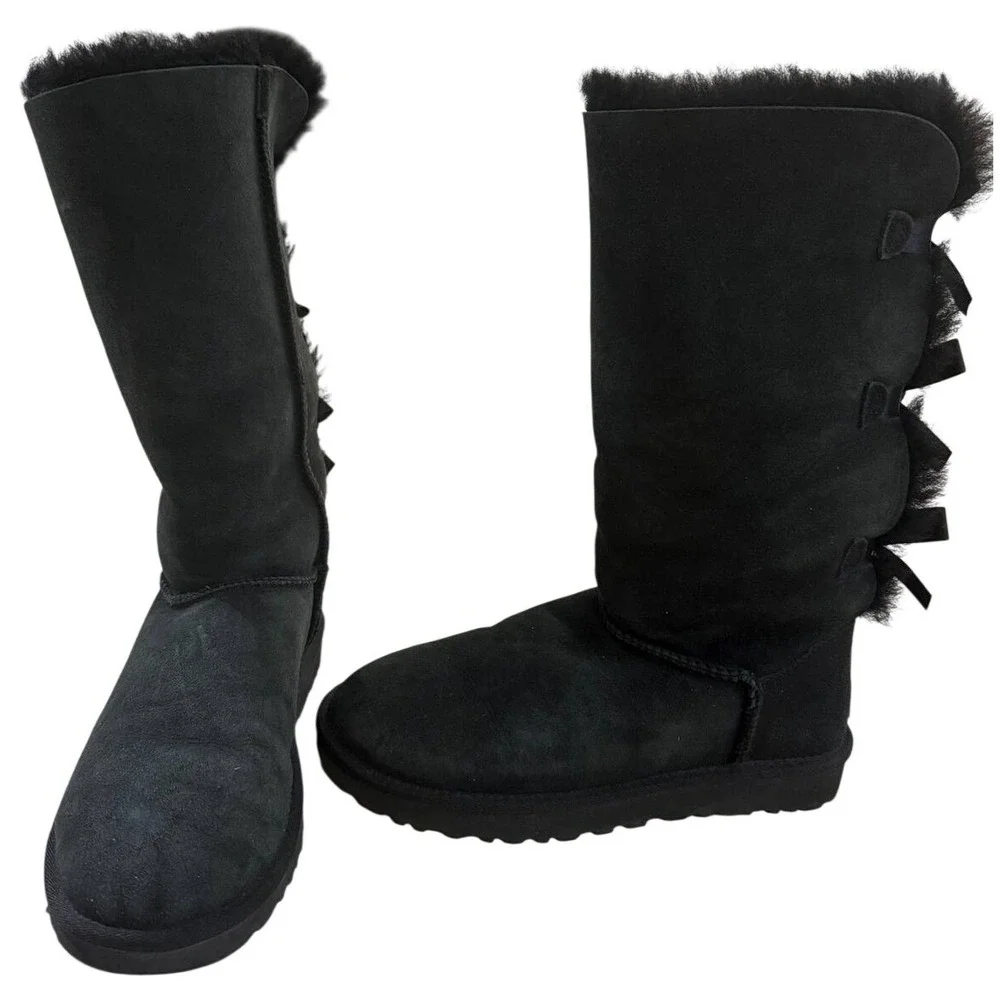UGG Bailey‎ Bow Tall II Black Suede Sheepskin Boots 1016434 Womens 9